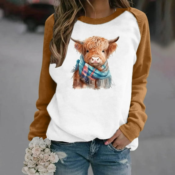 Fznquz Sweatshirts Women Fall Winter Cute Brown Sweatshirt Funny Animal Print Long Sleeve Crewneck Fall Outfits