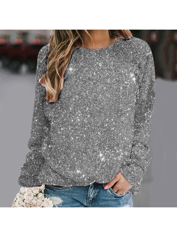 Sweatshirts for Women Trendy Casual Crewneck Long Sleeve Sweatshirt Pullover Glitter Gray Lightweight Winter Fashion