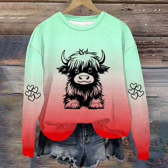 Fznquz Sweatshirts for Women Trendy Cute Red Crew Neck Crewneck Sweatshirts Animal Graphic Long Sleeve Gradient Clothes