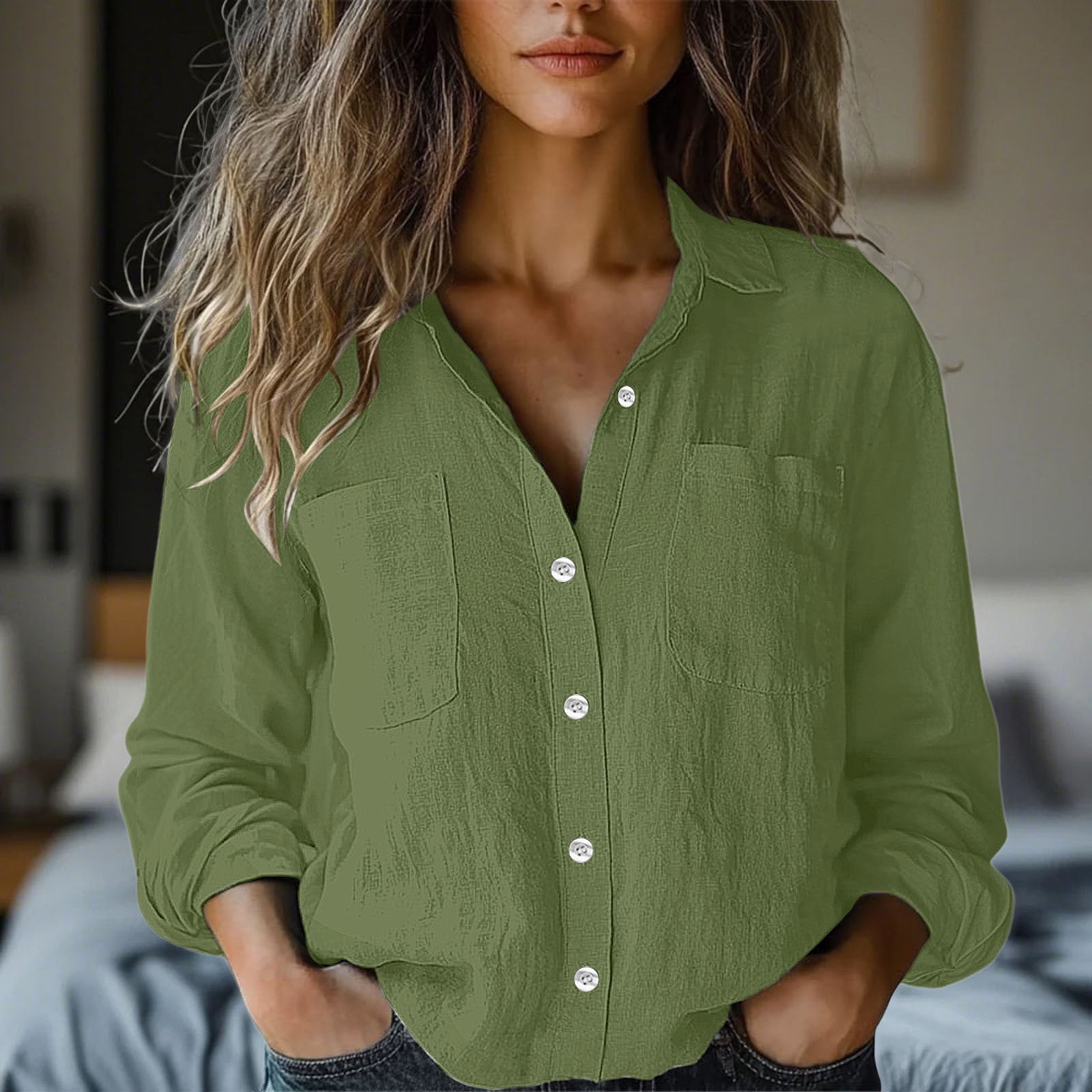 Fznquz T Shirts Women Dressy Casual Long Sleeve Green Button Down Shirt Elegant Plain Pockets Women Tops XL, Women's