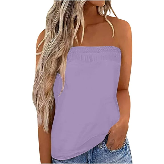 Fznquz Tank Top Women Casual Plain Spring Summer Tube Tops Purple Solid Color Bandeau Strapless Outfits