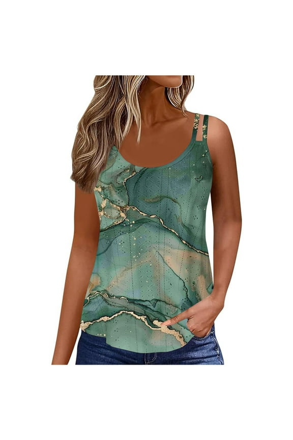 Tank Top for Women Double Strap Tie Dye Tunic Summer Loose Green Boho Tank Tops