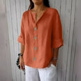 thumbnail image 1 of Fznquz Tee Shirts Womens Button Down Linen Orange 3/4 Sleeve Shirt Loose Solid Color V Neck Plain Fall Clothes,S, 1 of 6