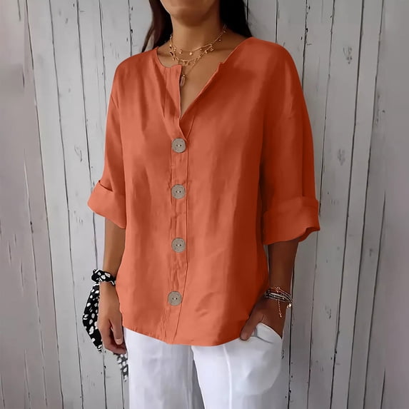 Fznquz Tee Shirts Womens Button Down Linen Orange 3/4 Sleeve Shirt Loose Solid Color V Neck Plain Fall Clothes,S