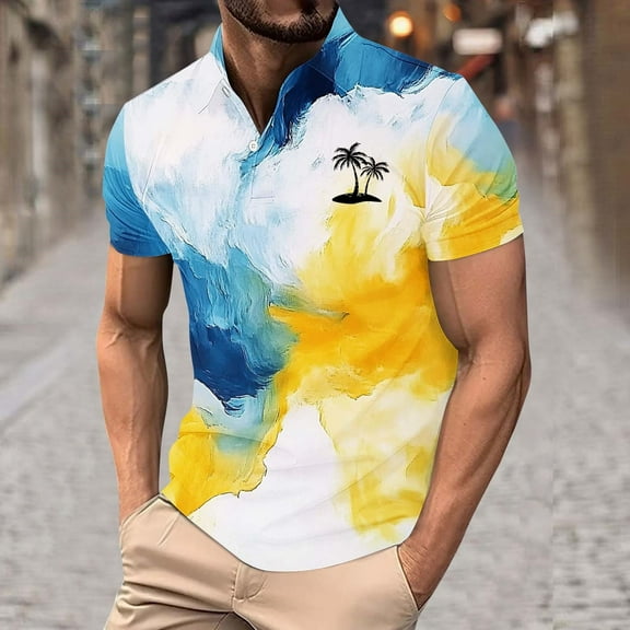 Fznquz Tie Dye Mens Polo Shirts Short Sleeve Yellow Summer Golf Button Moisture Wicking T-Shirts XXXL