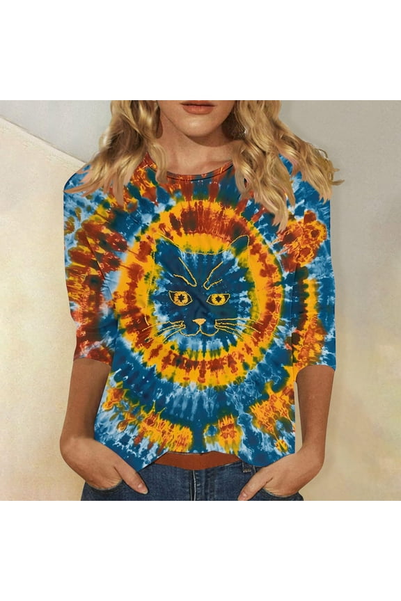Tie Dye T-Shirts for Women Crewneck 3/4 Sleeve Tees Casual Animal Print Spring Funny Graphic Womens Clothes