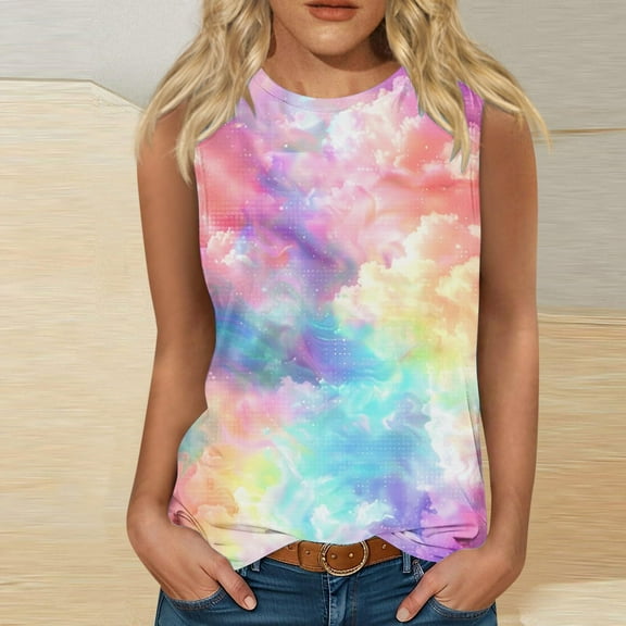 Fznquz Tie Dye Tank Tops for Women Plus Size Sleeveless Summer Multicolor Crew Neck Teen Tank Tops 5.00
