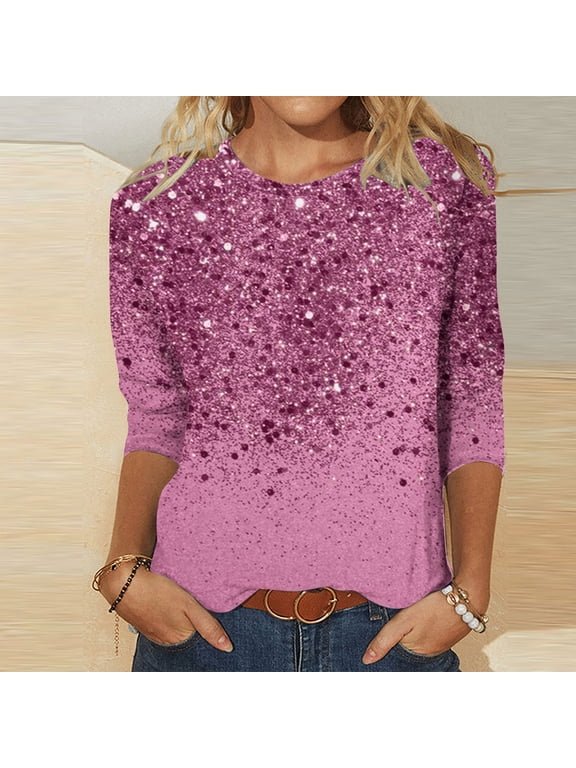 Tops Womens Pink Sparkly Sequin 3/4 Sleeve T-Shirt Crew Neck Casual Fashion Loose Blouse Women