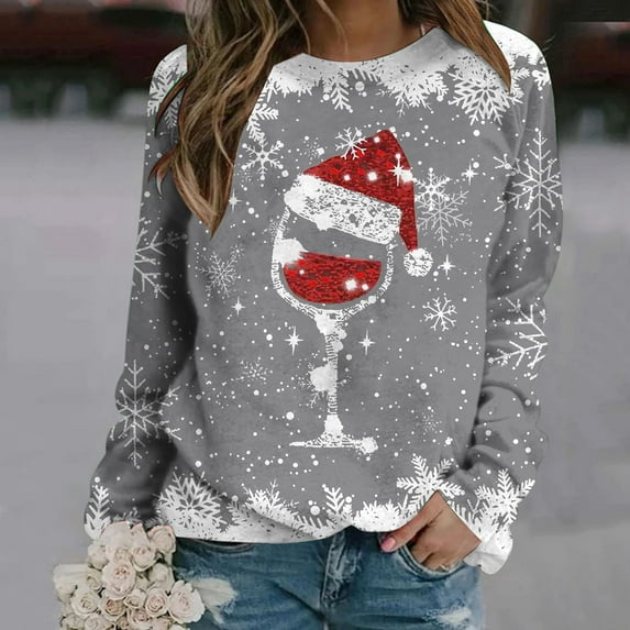 Fznquz Tops for Teen Girls Gray Christmas Long Sleeve Shirts Winter Graphic Casual Fashion