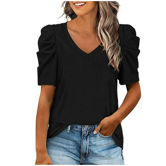 Fznquz Tops for Women Black Dressy Puff Sleeve Work Shirt Casual Solid V Neck Blouses Women