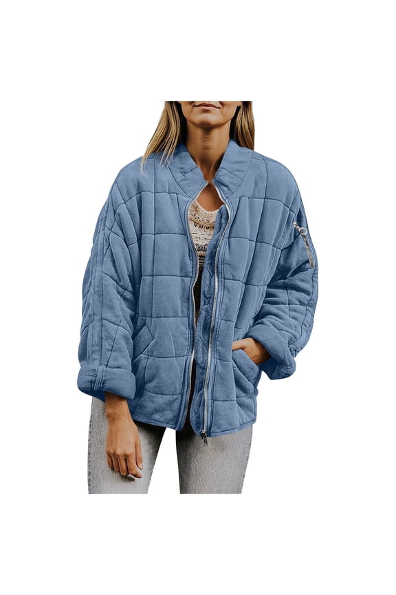 Tops for Women Cotton Zip Up Blue Quilted Blouse Casual Long Sleeve Womens Winter Fashion,S
