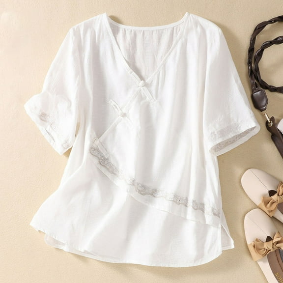 Fznquz Tops for Women Summer V Neck Short Sleeve Blouses Cotton Linen Casual Trendy White Plus Size Blouses for Curvy Women
