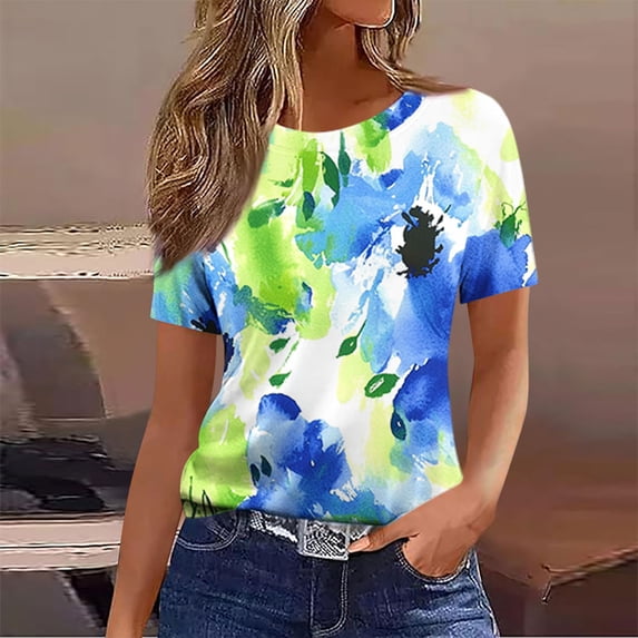 Fznquz Tops for Women Trendy Floral Short Sleeve Summer T Shirts Tie Dye Crewneck Casual Green Ladies Tops and Blouses