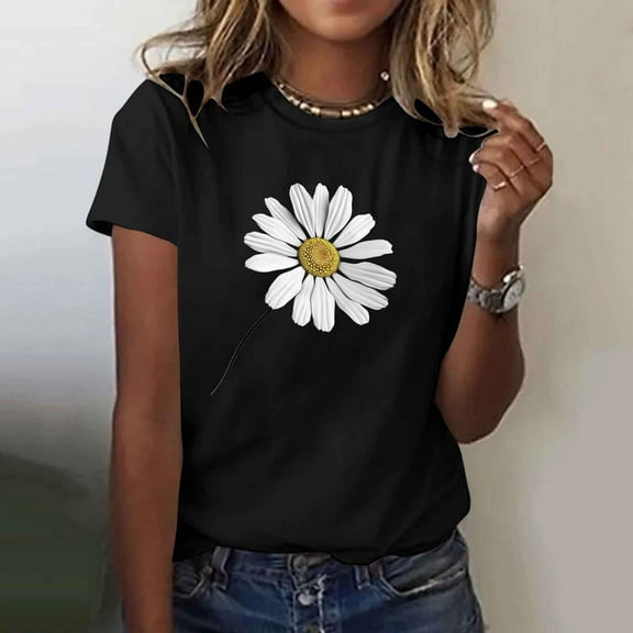 Fznquz Tops for Women Trendy Summer Graphic Short Sleeve 2025 Tees Spring Crewneck Casual Black Womens Shirts
