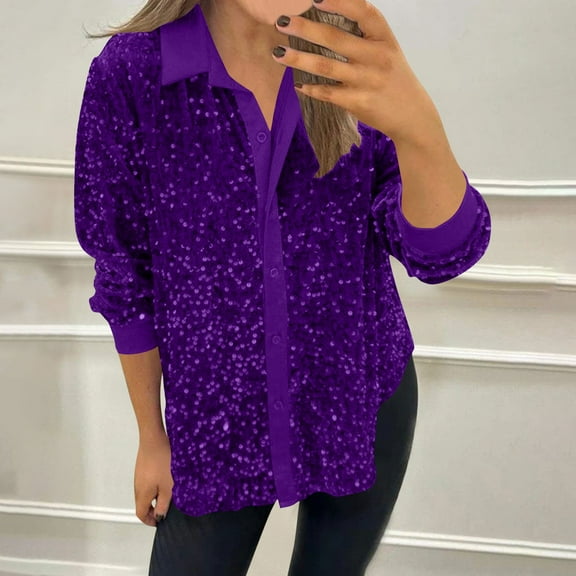 Fznquz Trendy Blouses Women Purple Button Down Long Sleeve Tops Casual Loose Fit 2025 Tops Women L