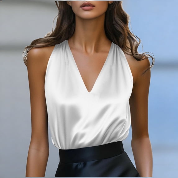 Fznquz Trendy Plus Size Tank Tops for Women Dressy White Satin Tank Shirt Summer V Neck Shirt
