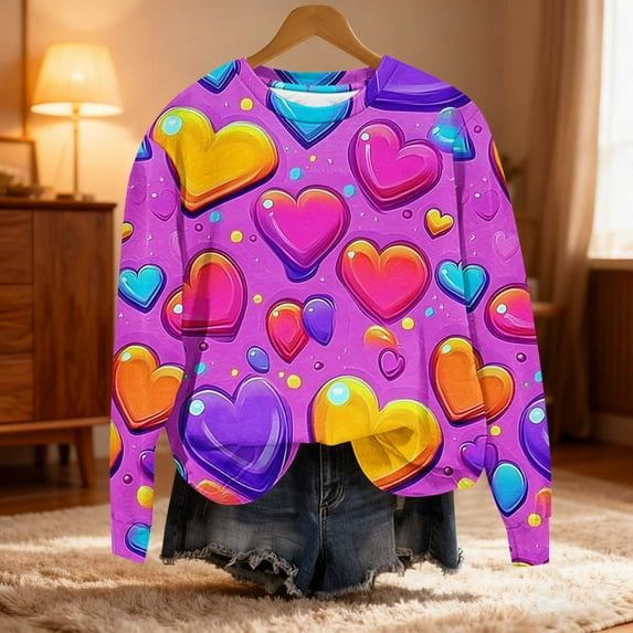 Fznquz Trendy Tees for Women Valentines Yellow Plus Size Cute Shirts 2026 Love Heart Print Pullover Crewneck Clothes for Women,L