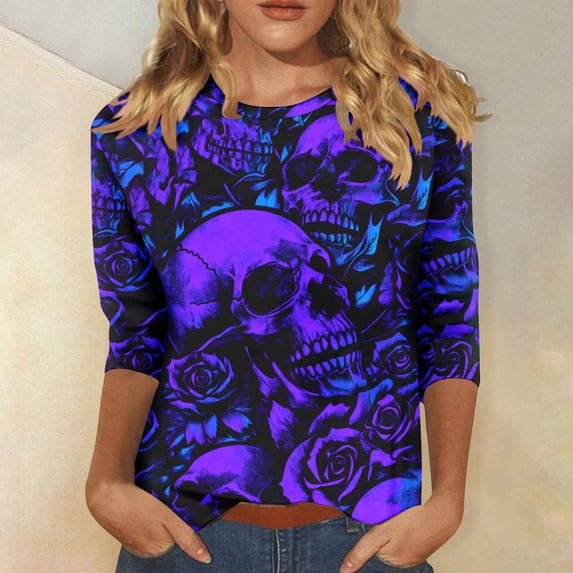 Fznquz Trendy Womens T Shirts Halloween 3/4 Sleeve Tops Plus Size V Neck 2025 Casual Womens Fashion,XL