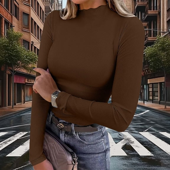 Fznquz Trendy Womens Tee Shirts Brown High Neck Knit Fitted T Shirt Long Sleeve Turtleneck Slim Fit 2026 T Shirts,S