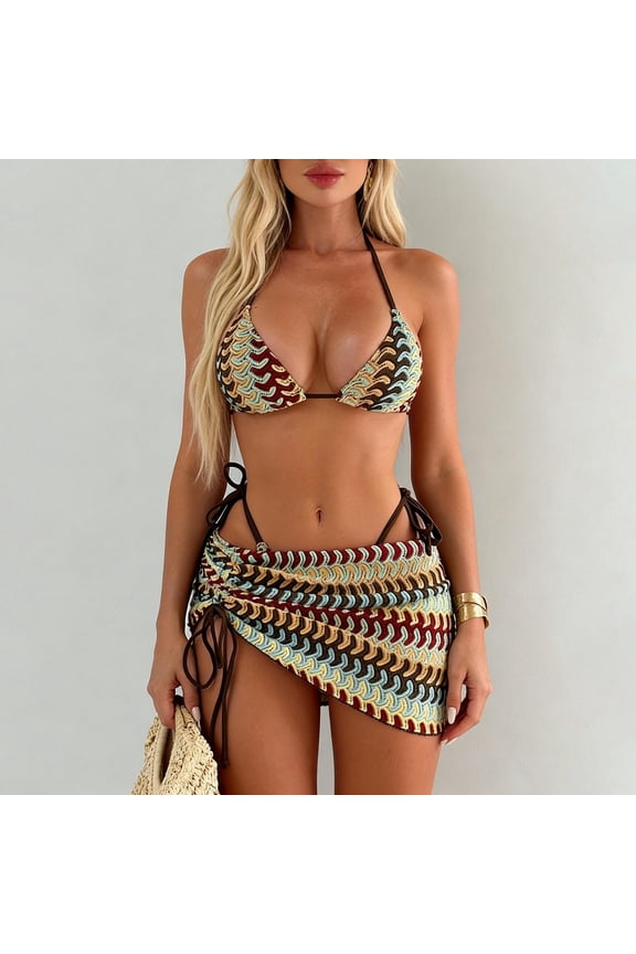Triangle Womens Bikinis Tie Back 3 Piece Swim Suits Striped Halter Vacation Bathing Suits with Skirt,M