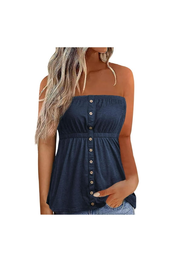 Tube Tops for Women Button up Bandeau Strapless Blue Tunic Pleated Sleeveless Junior Tank Tops Under 10