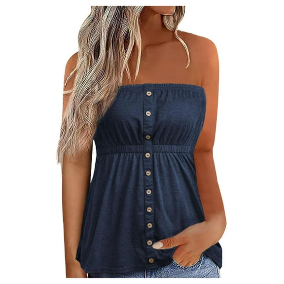 Fznquz Tube Tops for Women Button up Bandeau Strapless Blue Tunic Pleated Sleeveless Junior Tank Tops Under 10