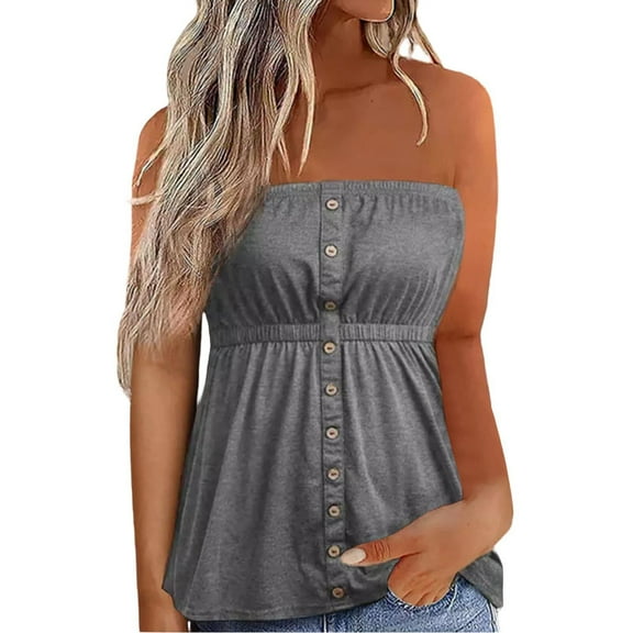 Fznquz Tube Tops for Women Button up Strapless Bandeau Sleeveless Gray Pleated Tunic Womens Tank Tops