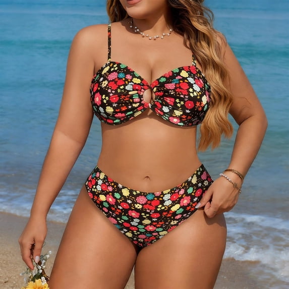 Fznquz Tummy Control 2 Piece Swimsuit for Women Plus Size High Waisted Swim Suits Cutout Tie Back Floral Bathing Suit,XXXXL