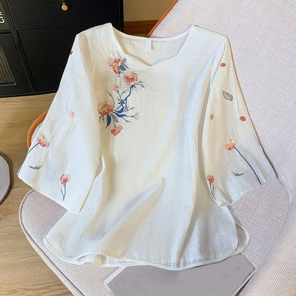 Fznquz Tunic Womens Going Out Tops Dressy Casual 3/4 Sleeve White Shirt Embroidered Cotton Linen Plus Size Womens Blouses