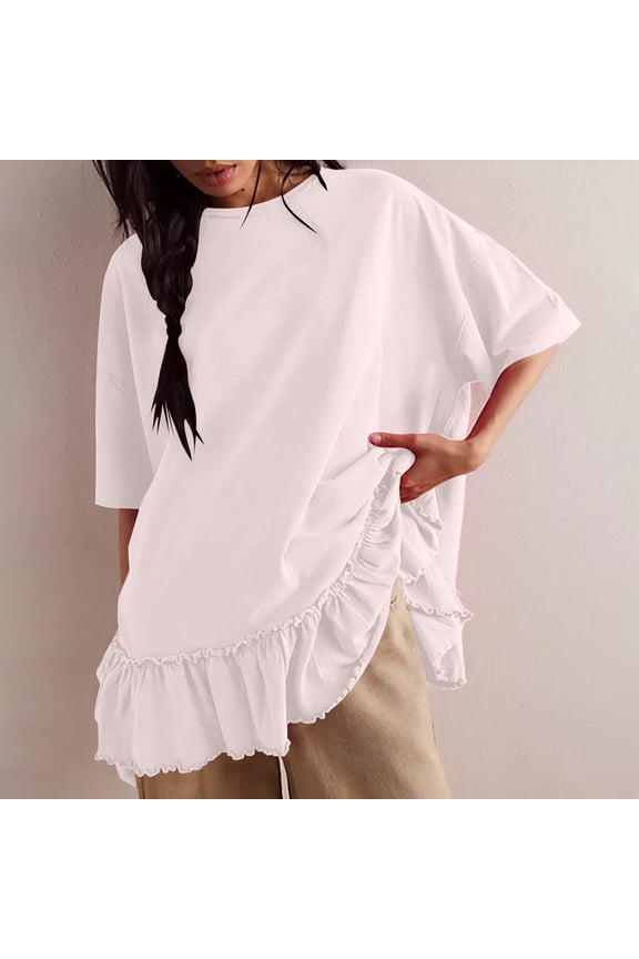 Tunic Womens Going Out Tops Elbow Length White Casual T Shirts for Women Summer Peplum Crew Neck Women's Blouses