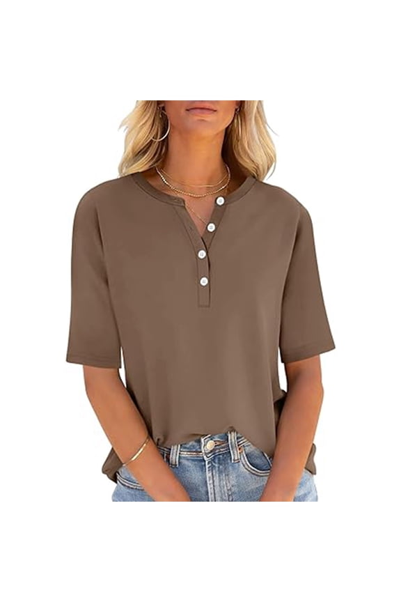Tunic Womens Tops Summer Button up Elbow Length Yellow T Shirts Henley Loose Summer Blouses for Women Dressy Casual
