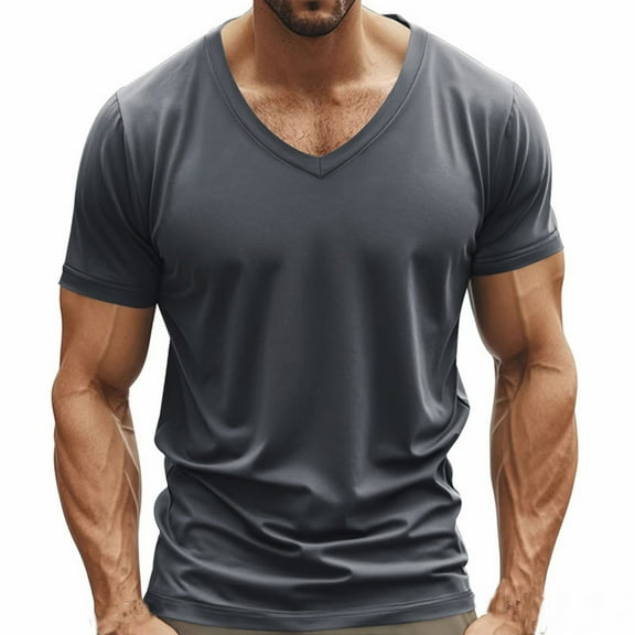 Fznquz V Neck Big and Tall T Shirts for Men Gray Short Sleeve Plain T-Shirt Casual Classic Tee Shirts XXXL