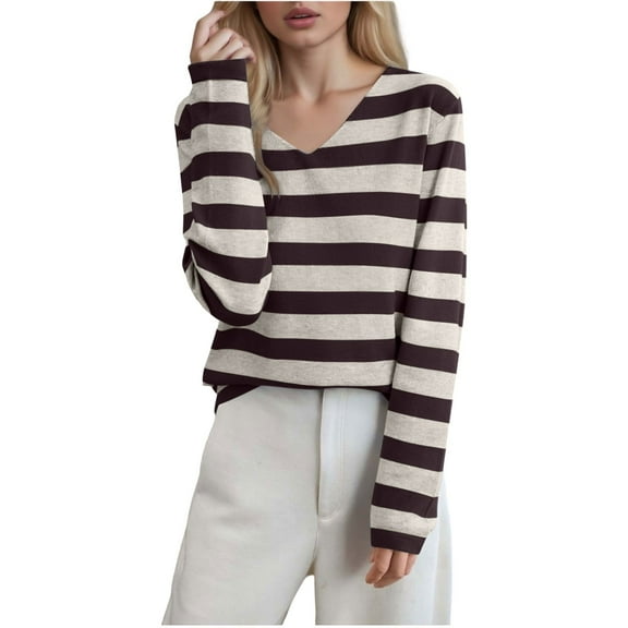 Fznquz V Neck Sweater for Women Long Sleeve Striped Sweater Knit Soft Brown Cotton Lightweight Womens Blouses