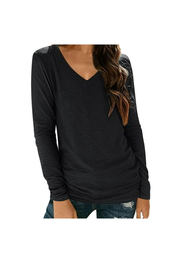 V Neck Tops for Women Trendy Casual Plain Black Tee Fall Winter Loose Women's Fashion