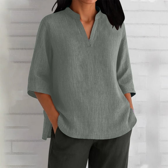 Fznquz V Neck Women's Tee Shirts Plain Gray Loose Fit Shirts Soft Casual 3/4 Sleeve Womens Fall Clothing,XL