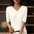 thumbnail image 1 of Fznquz V Neck Women's Tops Beige Short Sleeve Plain T Shirt Dressy Loose Trendy Ladies Blouses, 1 of 2