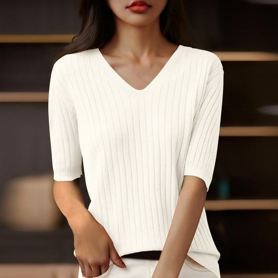Fznquz V Neck Women's Tops Beige Short Sleeve Plain T Shirt Dressy Loose Trendy Ladies Blouses