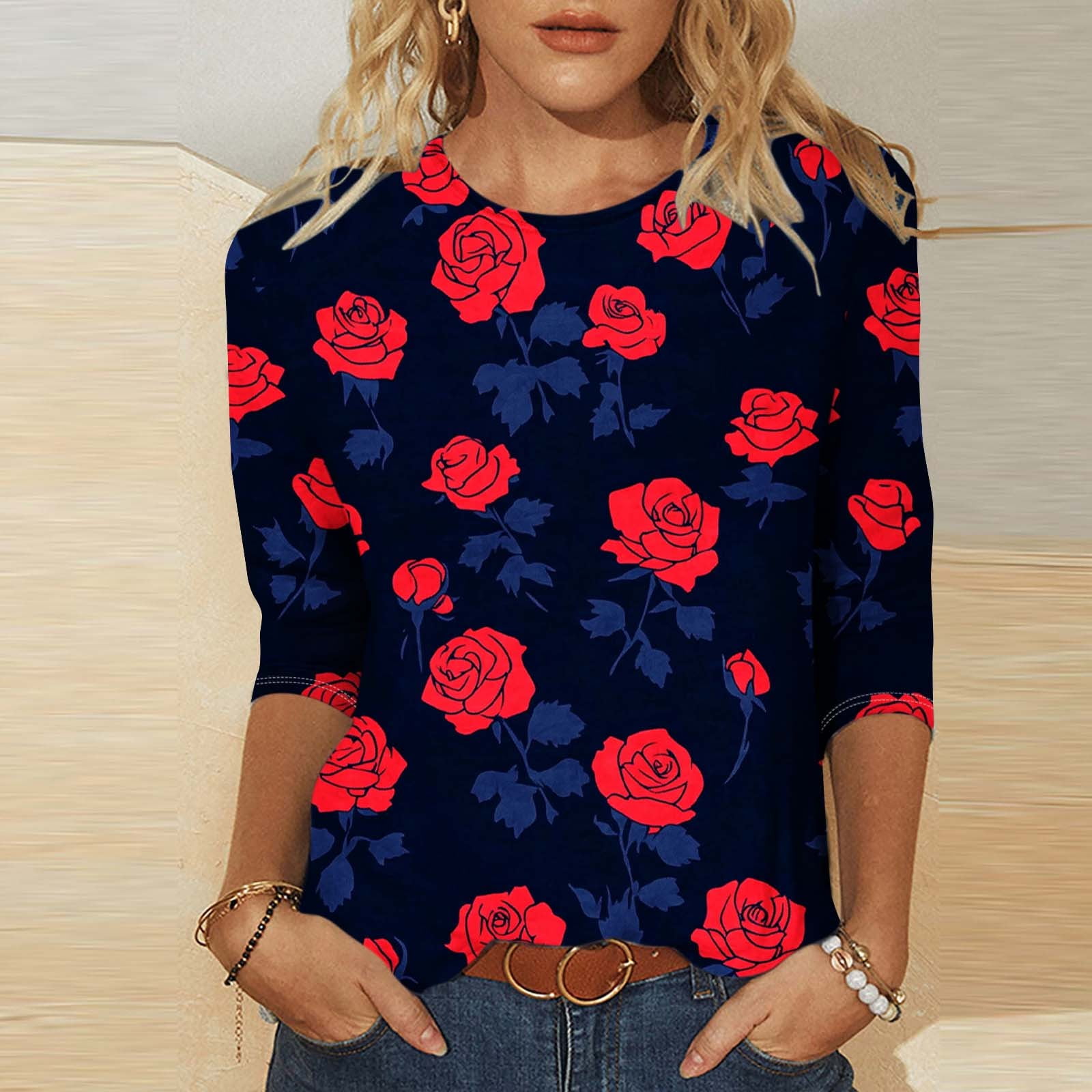 Fznquz Valentine Womens Shirts 2025 3/4 Sleeve Tshirts Spring Fall Crew
