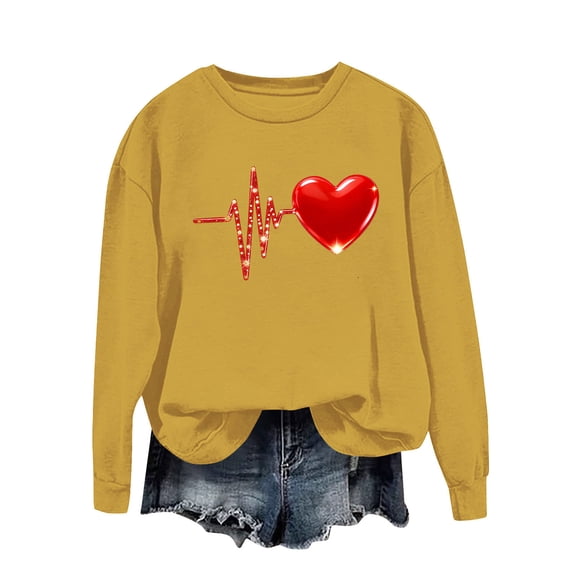 Fznquz Valentine's Day Women Sweatshirt Cute Crewneck Shirt Yellow Trendy Oversized Love Heart Graphic Lightweight Outfits L