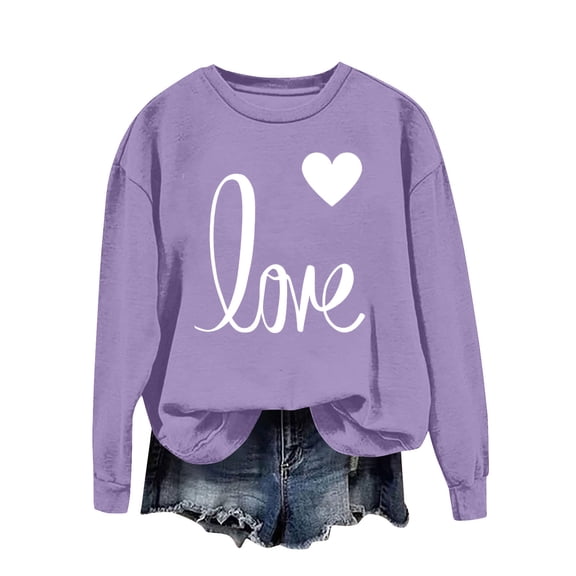 Fznquz Valentine's Sweatshirt for Women Crewneck Fashion Outfits Oversized Cute Love Print Purple Casual Tops L