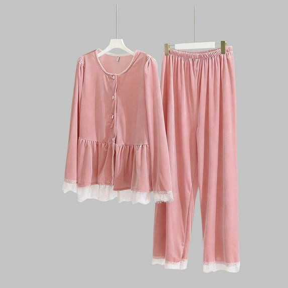 Fznquz Velvet Loungewear Sets 2 Piece Silk Pjs Lace Comfy Long Sleeve Matching Pj Set Women