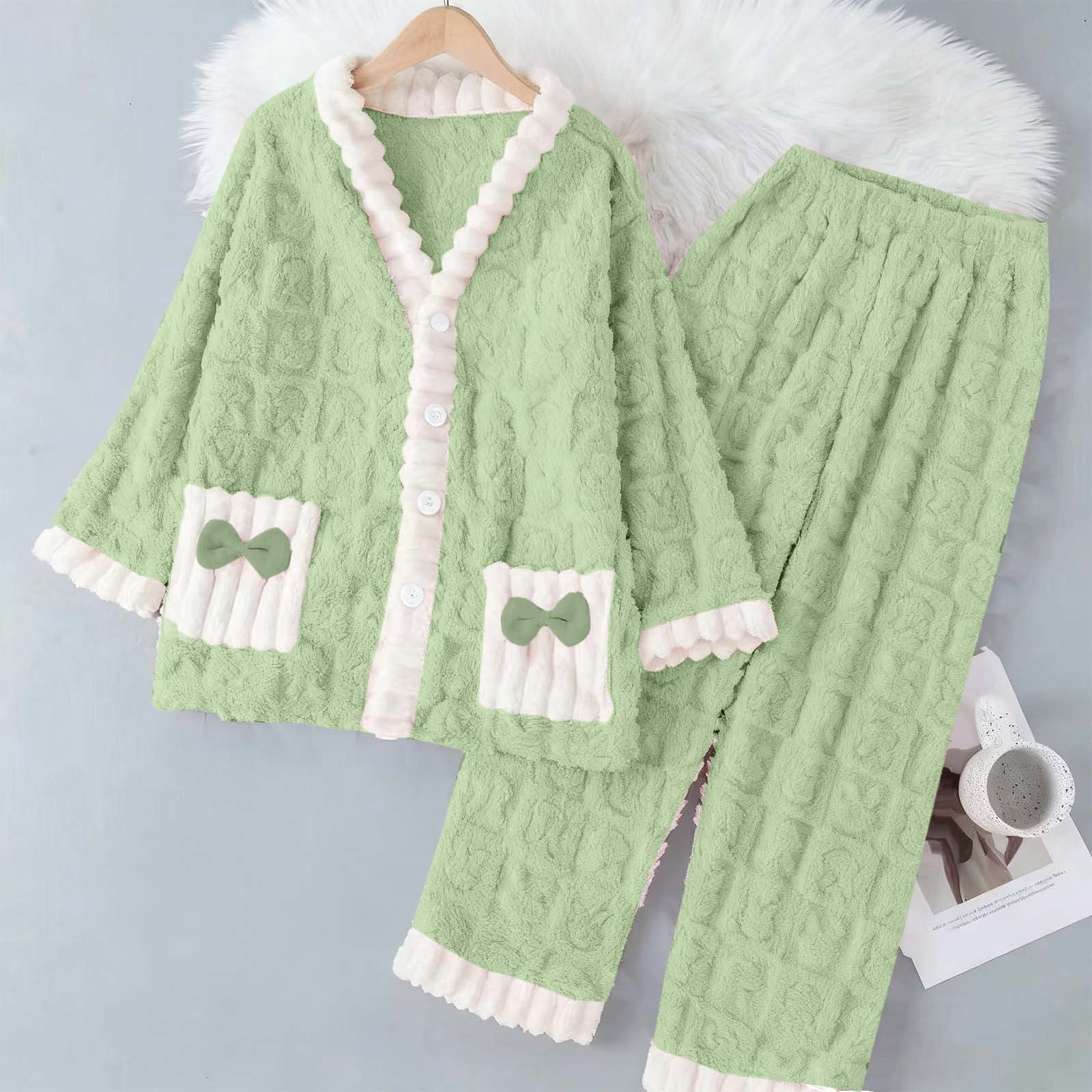 Fznquz Warm Pajamas for Women Flannel Button Up Pjs Fleece Soft Comfy ...