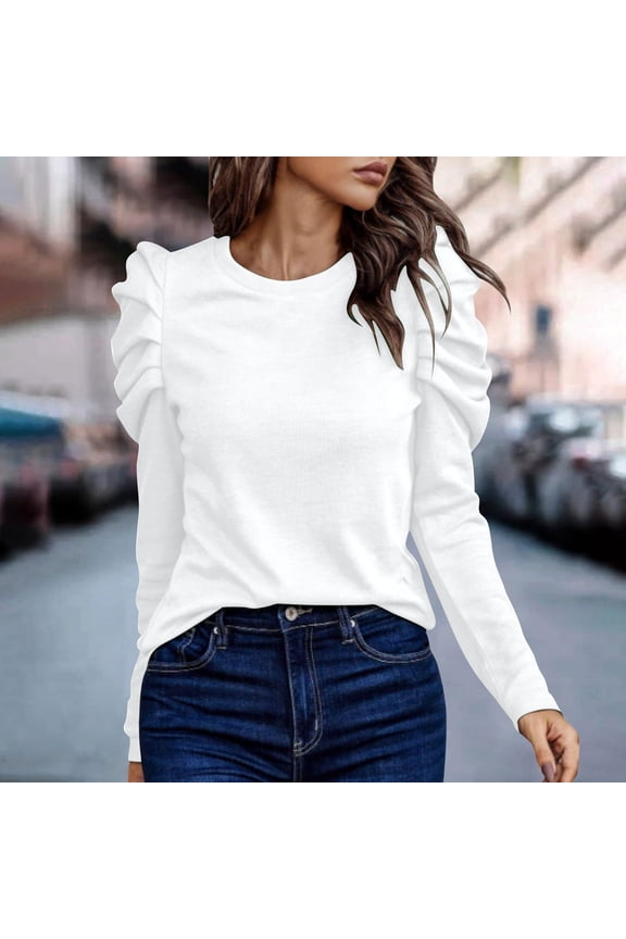 White Blouses for Women Business Casual Puff Sleeve Dressy T Shirts 2026 Work Plain Spring Clothing,M