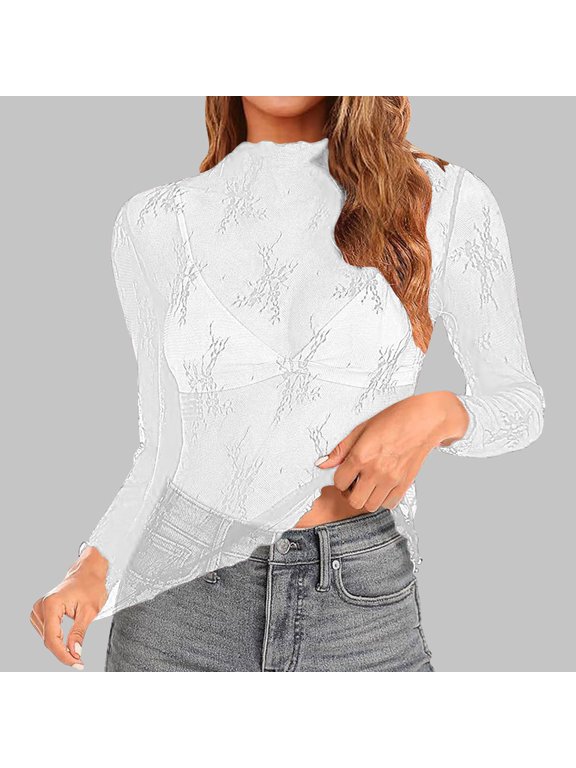 White Plus Size Blouses for Women Casual Long Sleeve Lace Top Mock Neck Party Club Night Mesh Womens Clothing S