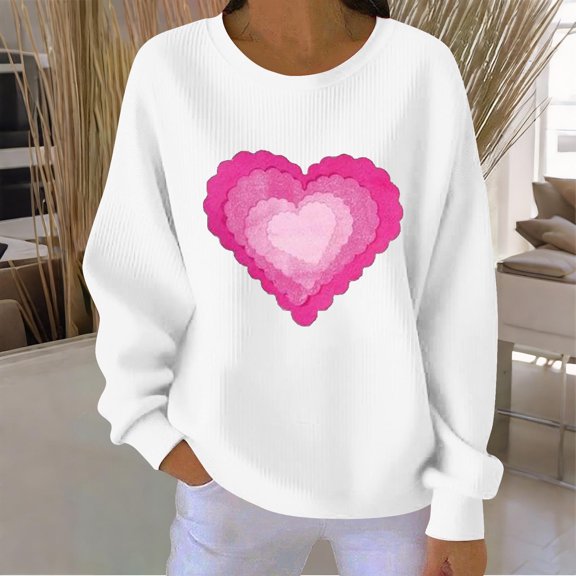 Fznquz White Women's Tee Shirts Long Sleeve Valentines Pullover T Shirts Crewneck Winter Casual Shirt,S