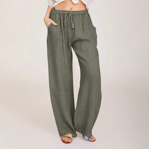 Fznquz Wide Leg Relaxed Fit Cotton Linen Pants for Women Full Length Drawstring,L