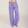 thumbnail image 1 of Fznquz Wide Leg Womens Casual Pants Linen Trousers Solid Color Drawstring Loose Elastic Waist Purple Trousers L, 1 of 8