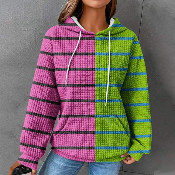 Fznquz Winter Hoodies for Women Trendy Long Sleeve Pink Sweatshirt Casual Color Block Striped Fashion