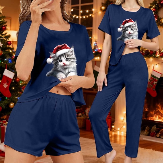 Fznquz Winter Loungewear Sets Woman Christmas Lounge 3 Piece Casual Tops and Shorts Pants Short Sleeve Soft Lounge Sets Women