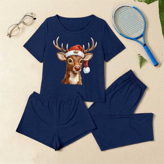 Fznquz Winter Loungewear Sets Woman Christmas Soft 3 Piece Pj Casual Tops and Shorts Pants Short Sleeve Warm Pjs for Women Set
